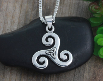 triskele necklace with triquetra, sterling silver triskelion necklace,  triple spiral pendant, celtic jewelry huakuvy