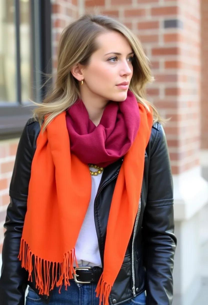 The Art of Contrast: Dark Leather With Bright Scarves
