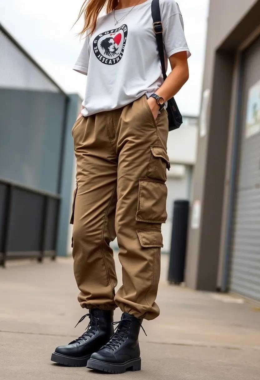 Cargo Pants: Embrace the utilitarian trend with baggy cargo pants featuring multiple pockets. Style with a fitted crop top or an oversized graphic tee, and complete the outfit with combat boots or sporty sneakers