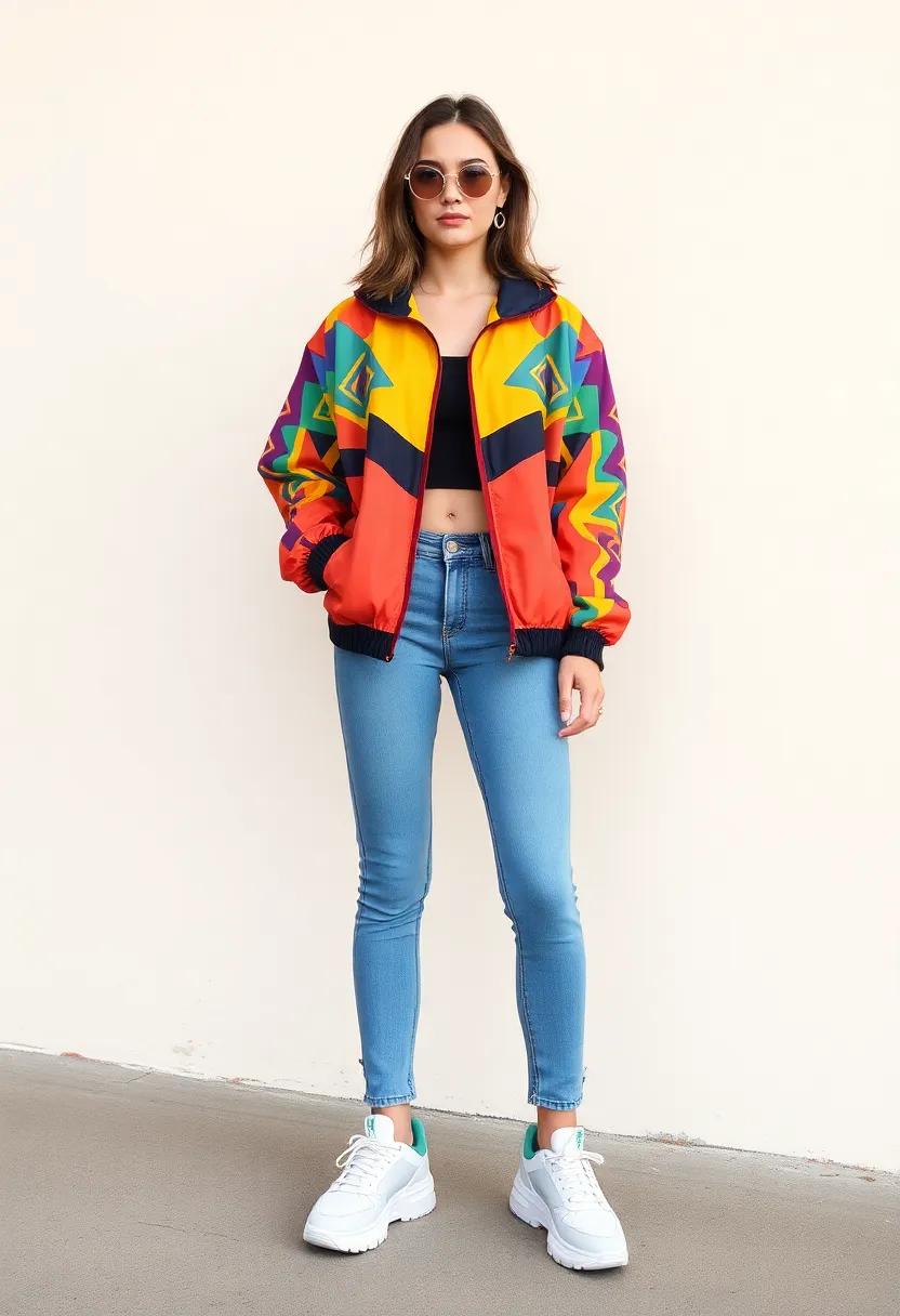 Colorful Windbreakers: Stand out with a vibrant windbreaker emblazoned with bold colors and geometric patterns. Pair it with mom jeans or leggings, and complete the look with chunky sneakers for a functional yet stylish outfit
