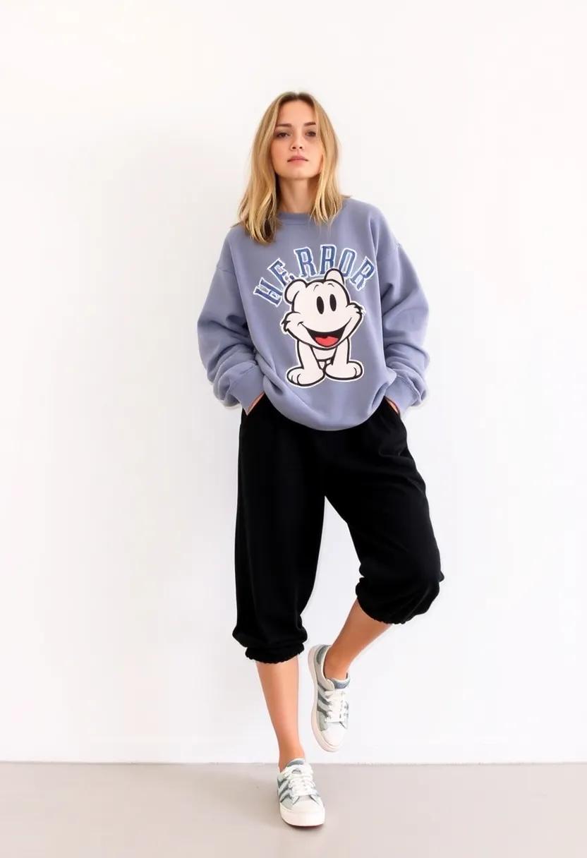 Graphic Sweatshirts: Cozy up in an oversized graphic sweatshirt featuring your favorite cartoon character or logo. pair it with some bike shorts or joggers and slide into your favorite sneakers for a laid-back yet chic outfit