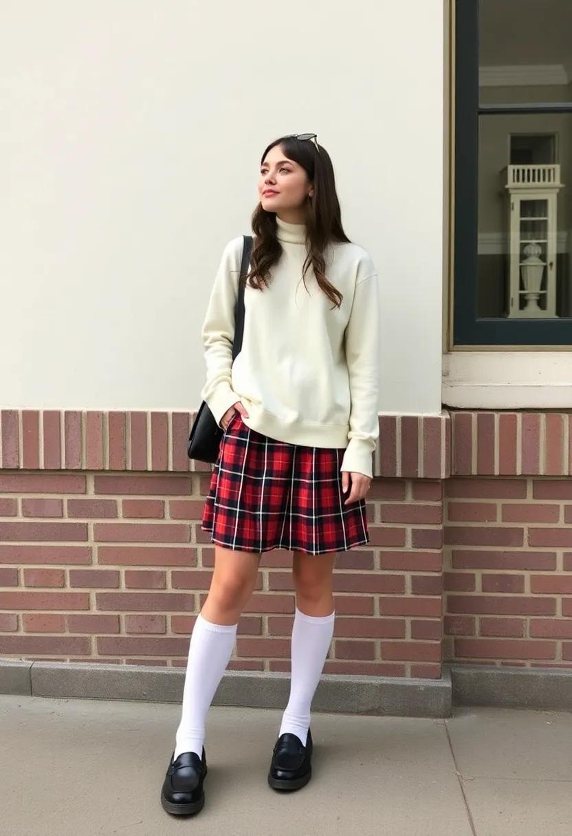Plaid Mini Skirts: Tap into the iconic 90s schoolgirl trend with a plaid mini skirt. Match it with knee-high socks, a fitted turtleneck, or a loose tee and finish off with some chunky loafers for a nostalgic touch