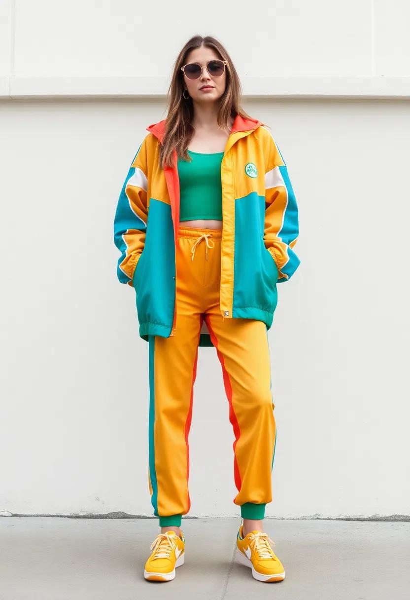 Windbreakers and Tracksuits: Bring back those athletic vibes with a vibrant windbreaker or a matching tracksuit set. Style it with a simple crop tank and colorful sneakers for a sporty look that’s both trendy and comfortable