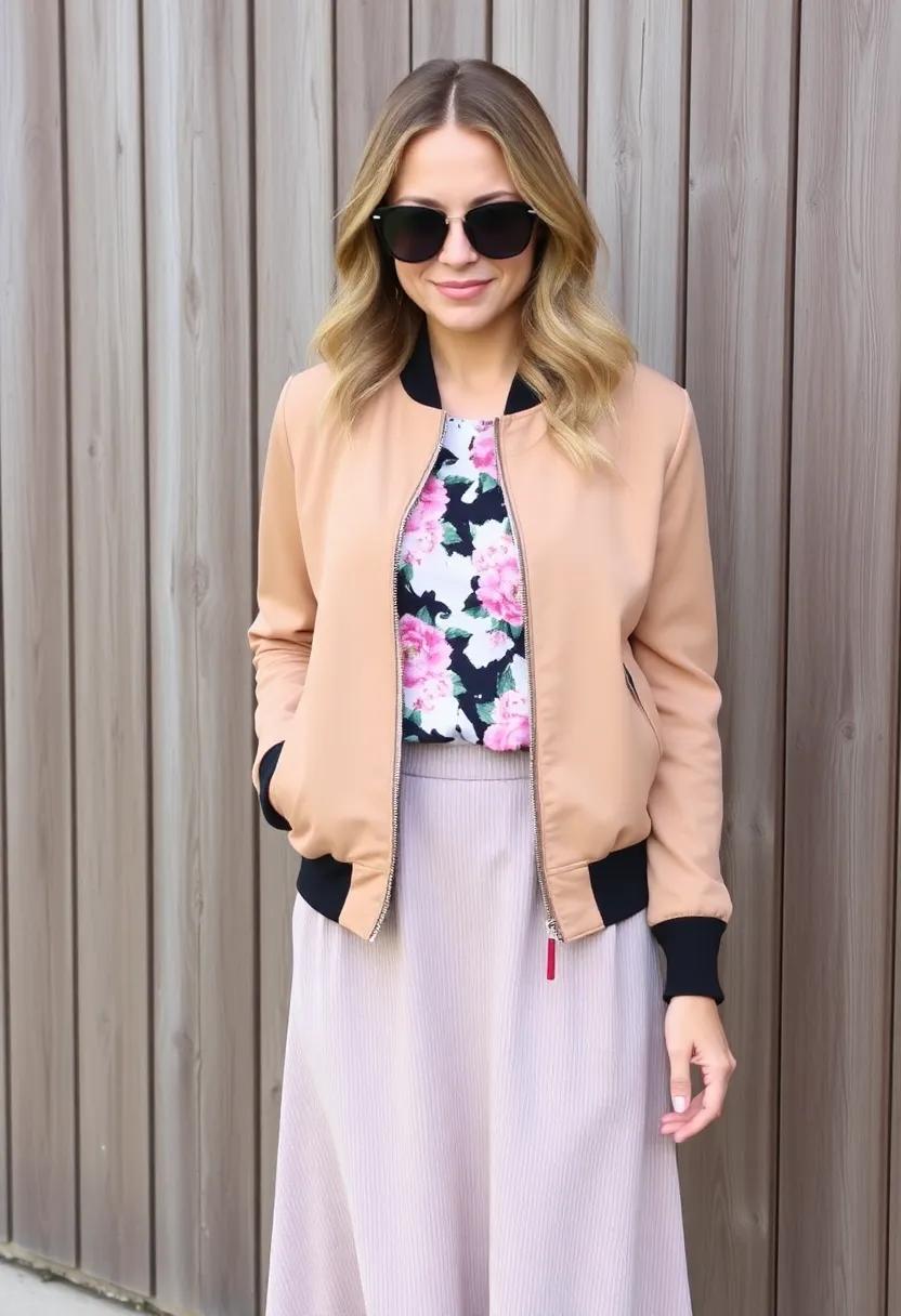 Pair a floral blouse with your bomber for a fresh,feminine contrast