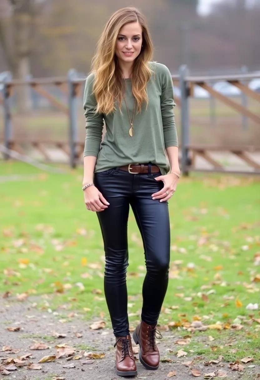 Earthy tones: olive green tops​ and brown boots warm⁣ up the leather ⁣look