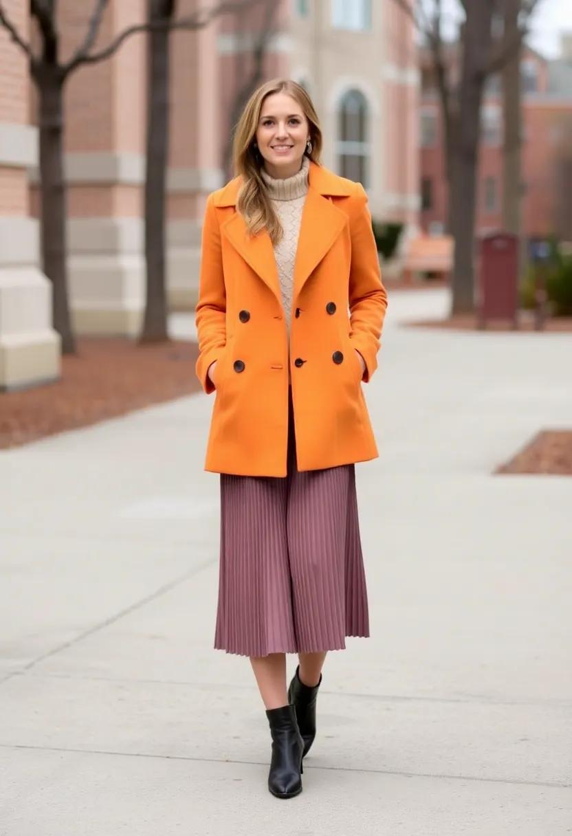 Rock⁤ a⁢ bright ⁣peacoat over ⁣a⁤ chunky‌ knit​ and ‍pleated ​midi ‍skirt combo