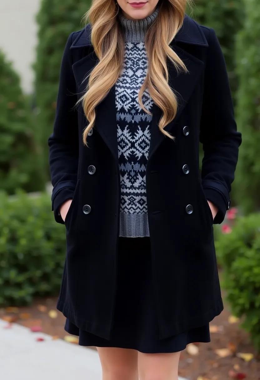 Layer a⁤ patterned crew⁢ neck ⁢under⁤ a classic‍ black peacoat​ for added⁣ flair
