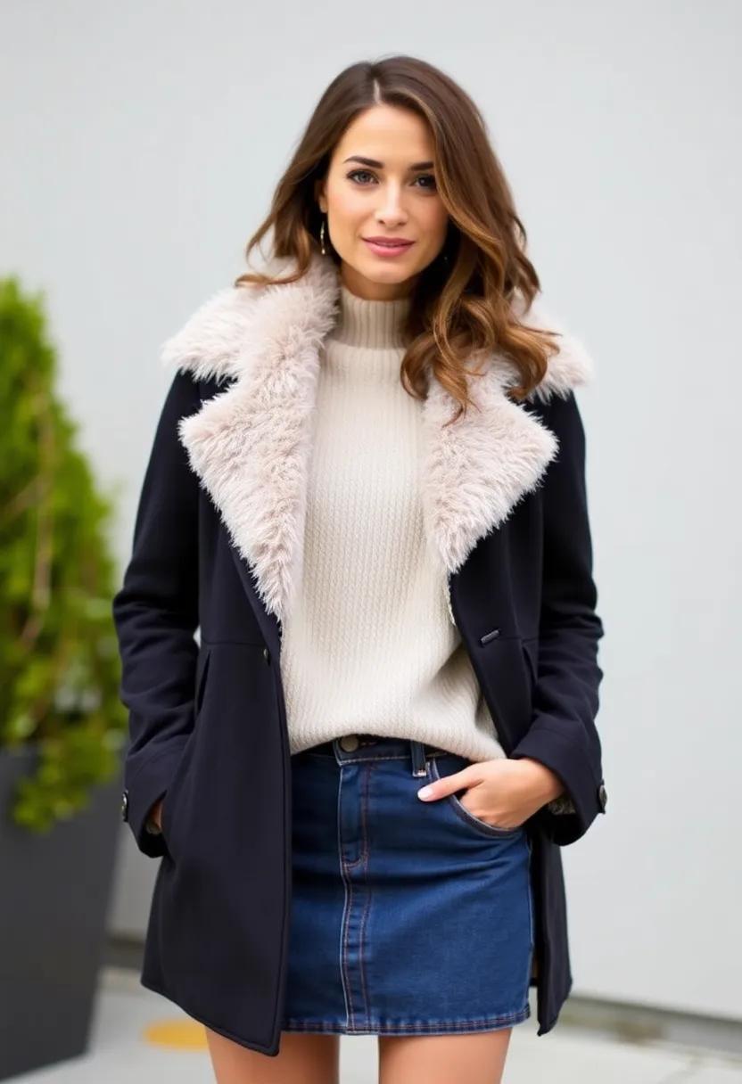 Pair a ‌faux fur-lined​ peacoat with⁢ a​ ribbed crew⁢ neck and a denim skirt