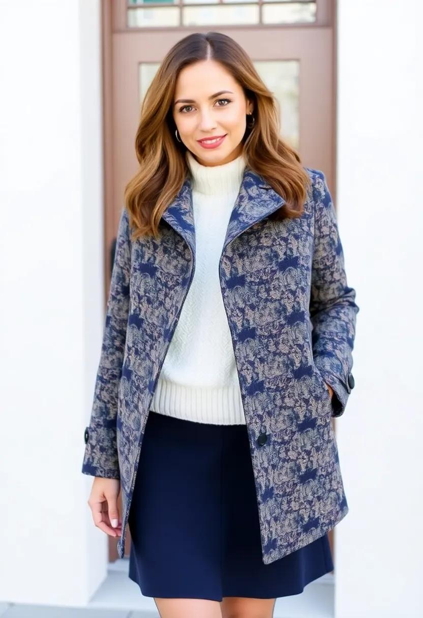 Select ​a printed peacoat matched with a solid ​colored⁤ sweater and skirt