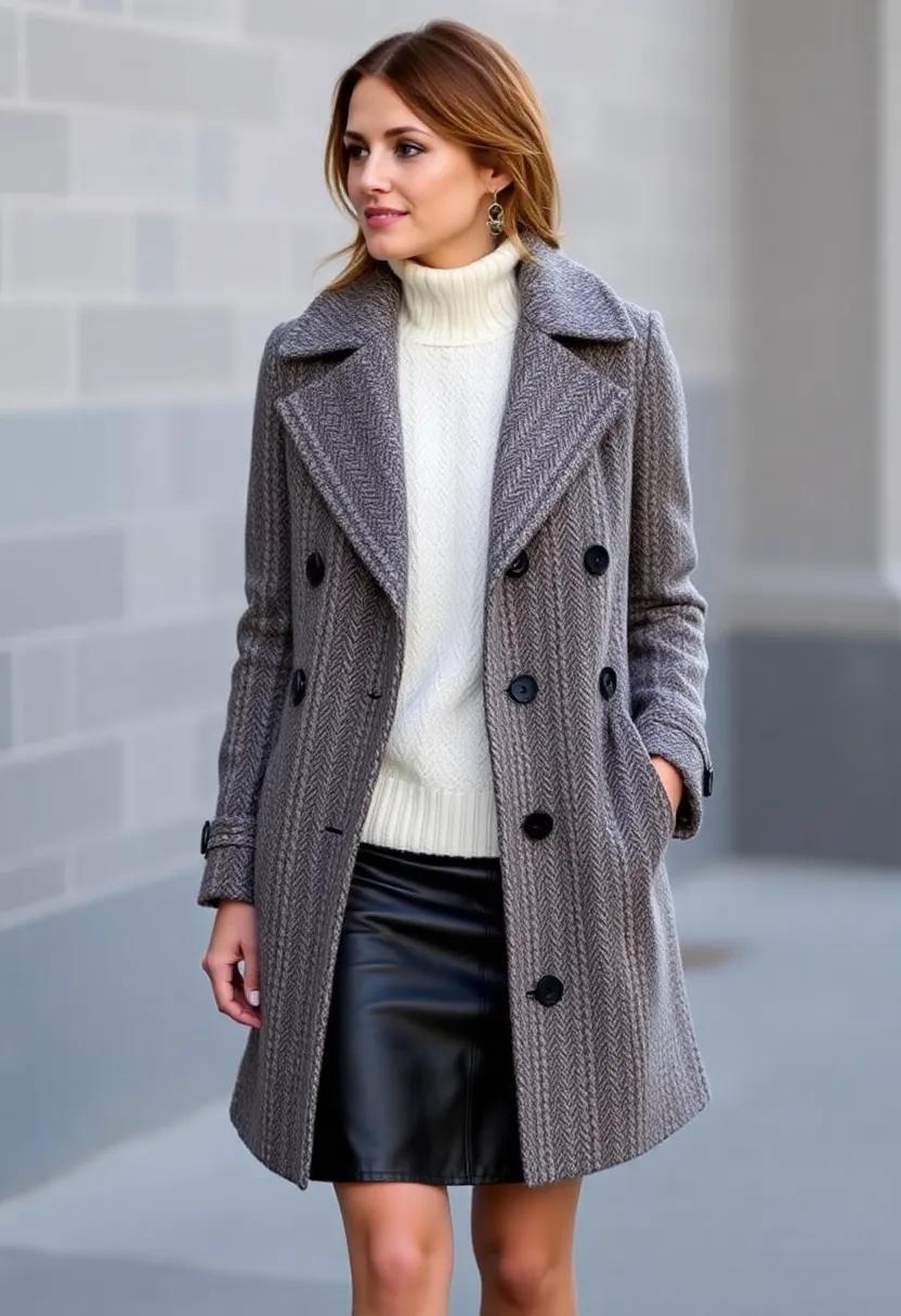 Mix textures‌ with a tweed peacoat,cashmere sweater,and​ leather skirt