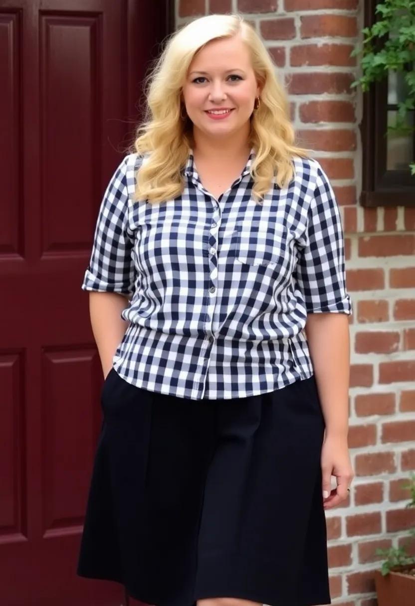 Classic gingham blouse layered over ‍a simple black A-line skirt