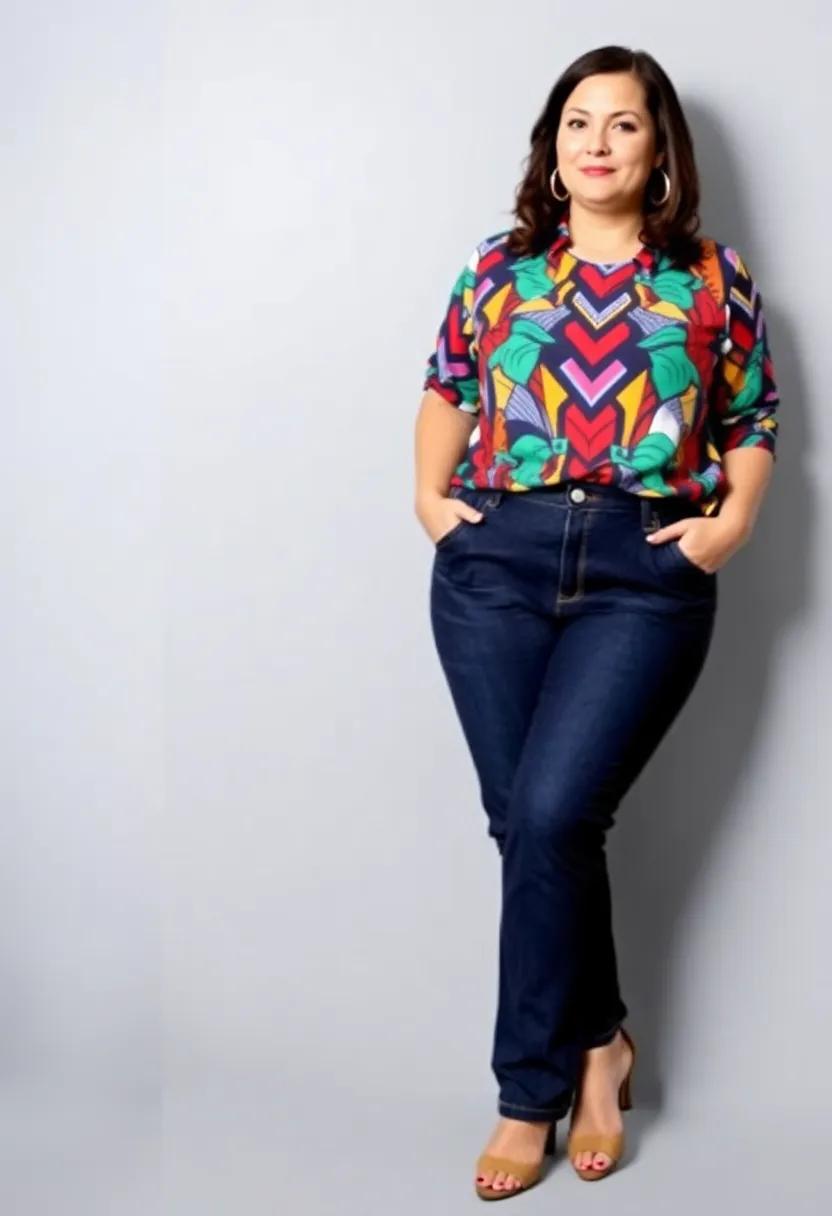 Colorful geometric print top tucked into high-waisted jeans for a modern twist
