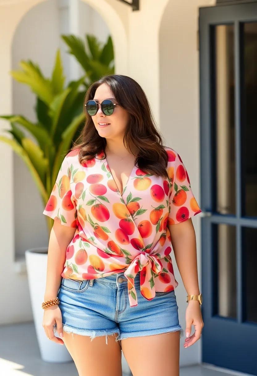 Playful fruit print ‌wrap top with⁢ denim shorts for a sunny getaway ensemble
