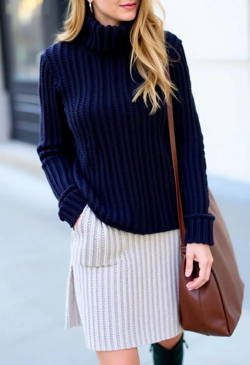 Pair a chunky knit turtleneck with a flowing knitted skirt for an effortless vibe
