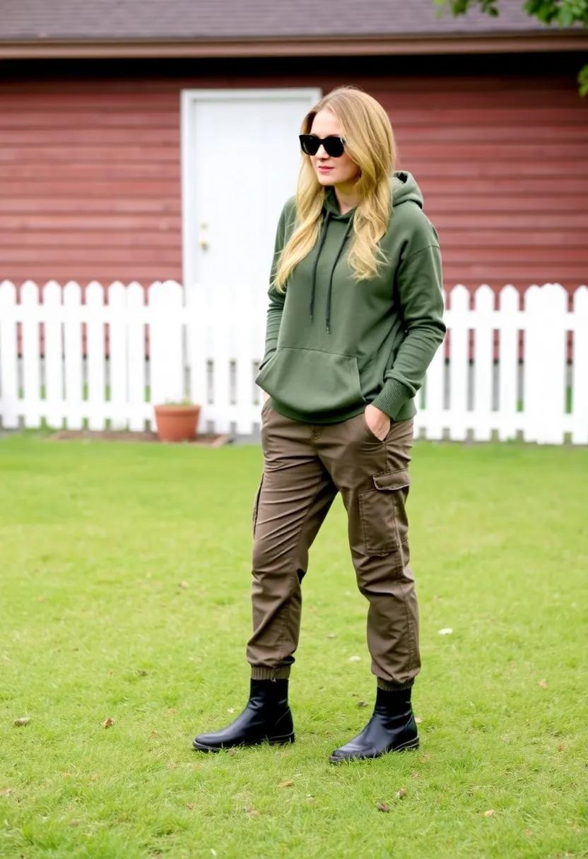 Shopping Trip: Wear the hoodie with distressed cargo‍ pants and platform black boots