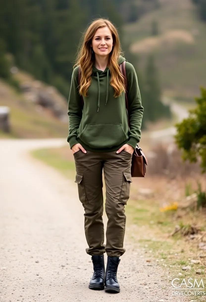 Road Trip: Ensure comfort in the hoodie, ‍loose cargo pants, and rugged black boots