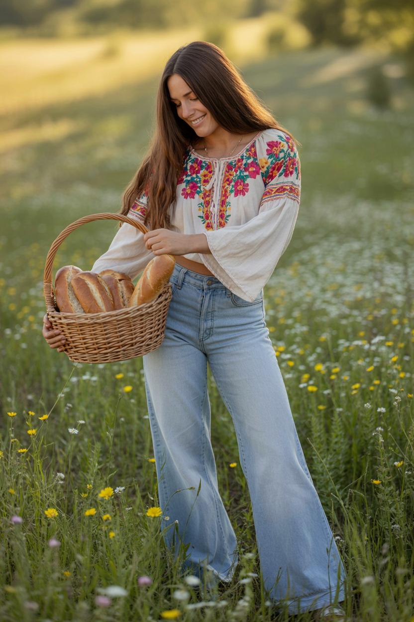 Bell-bottom⁢ jeans​ paired with embroidered​ peasant ⁢blouses