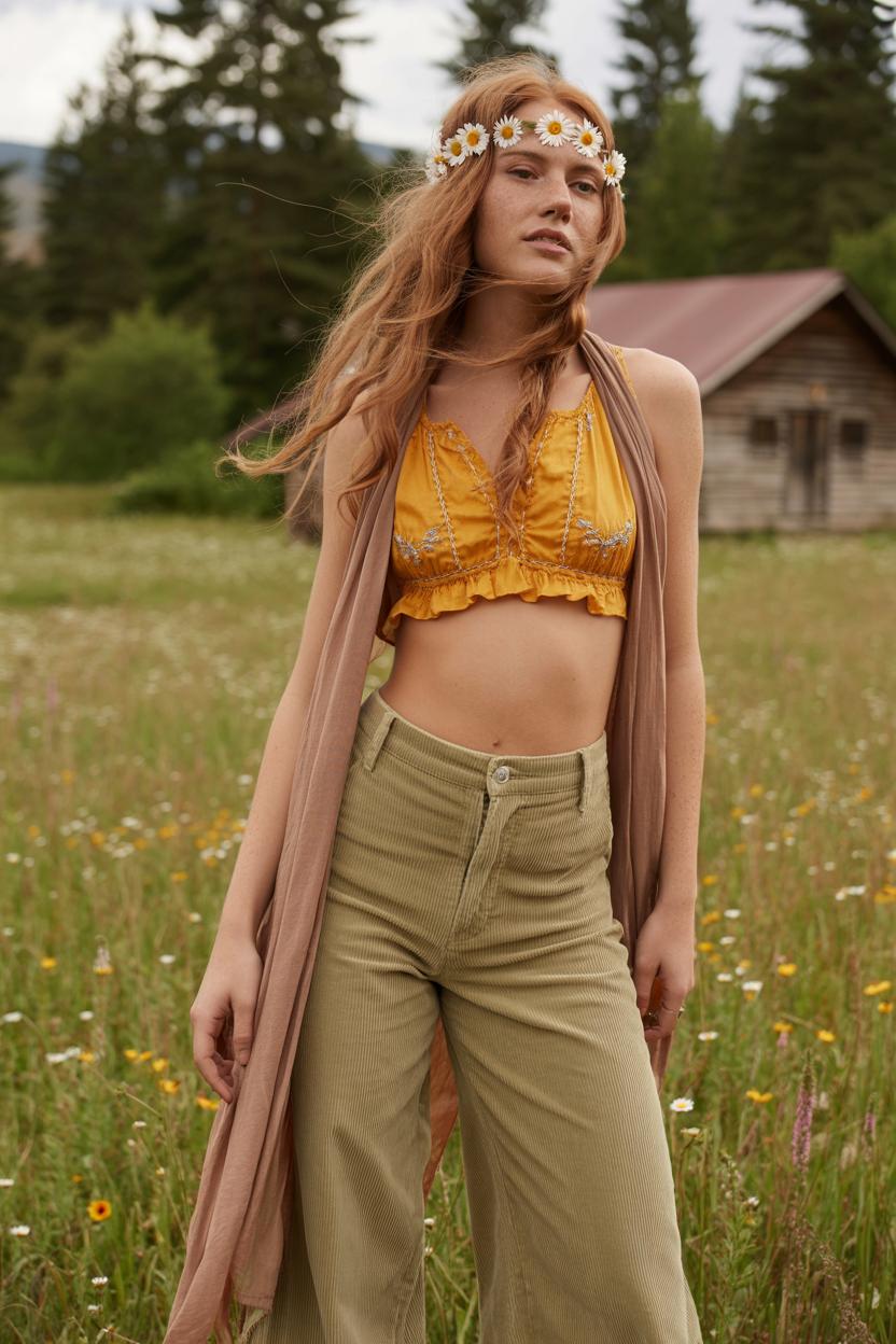 High-waisted corduroy pants with cropped, ruffled tops