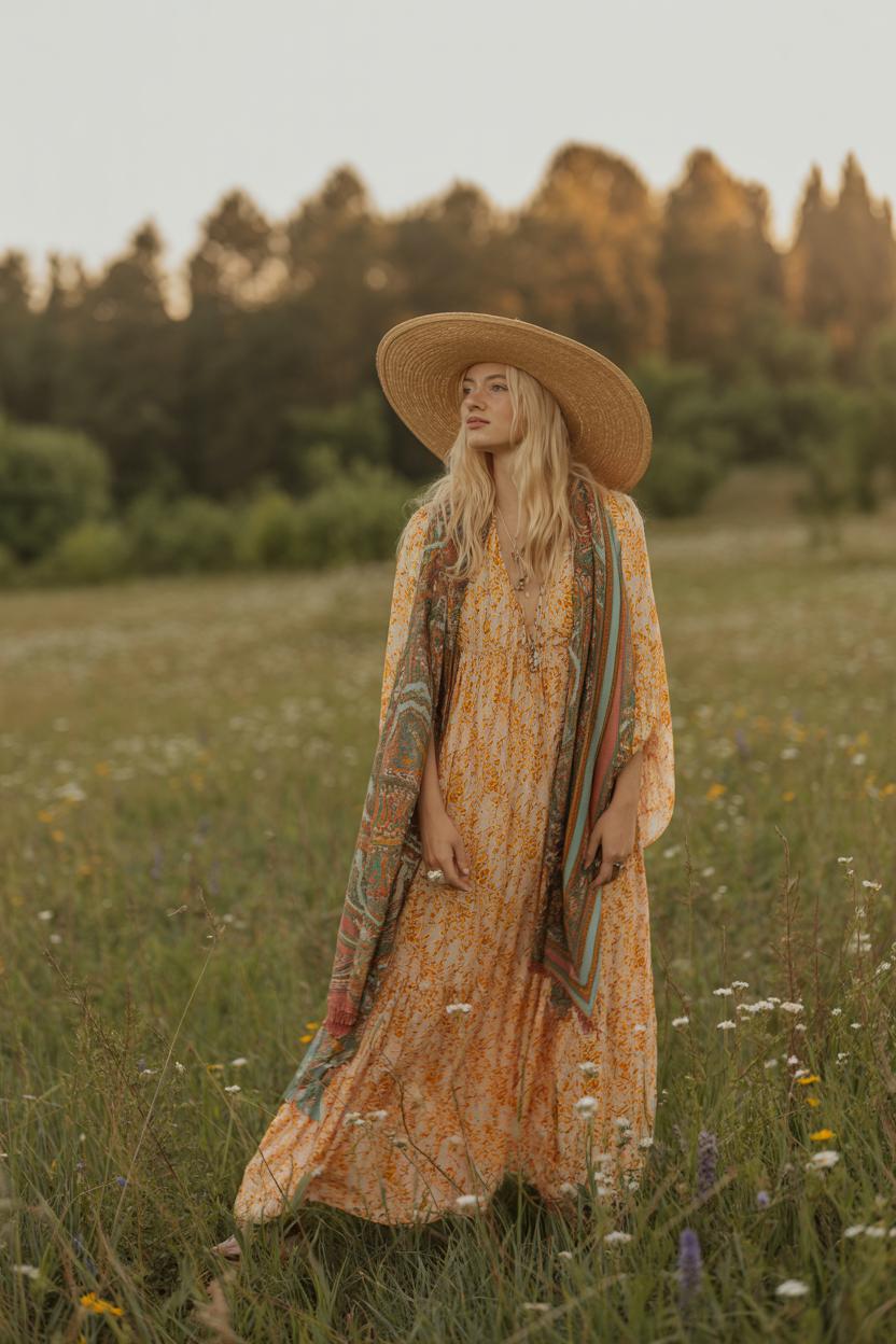 Wide-brimmed hats paired with flowing, printed scarves