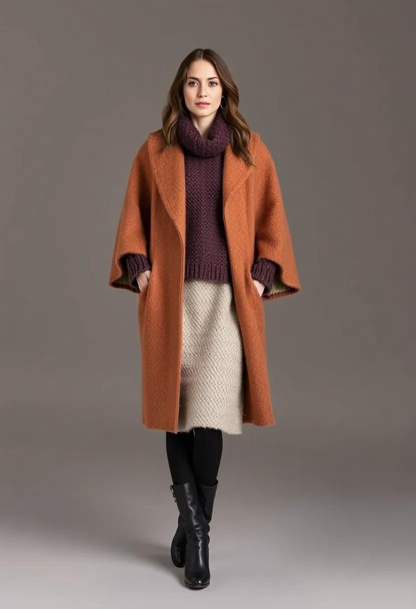 Blend textures with a wool cape coat and a fuzzy ​long ‌sweater in contrasting hues