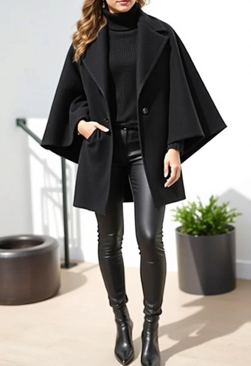 Layer a black​ cape coat over a long turtleneck sweater for sleek style