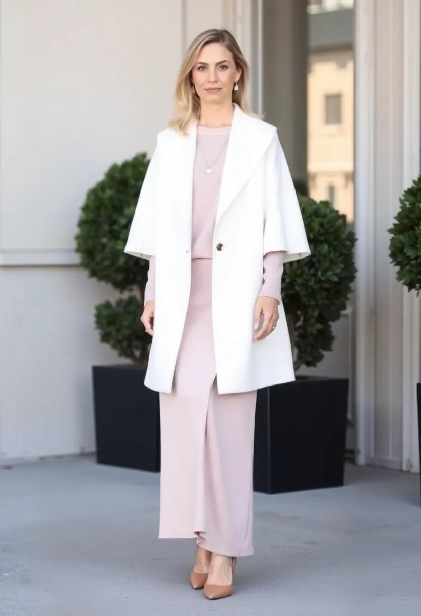 Layer a white ⁣cape coat over a soft blush-colored long sweater for elegance
