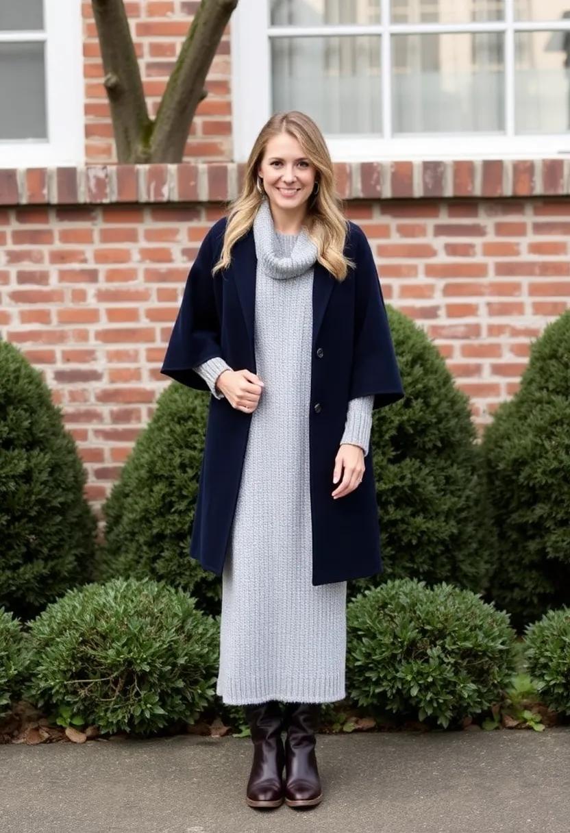 Match a⁢ navy cape coat with ​a​ textured long sweater and leather boots