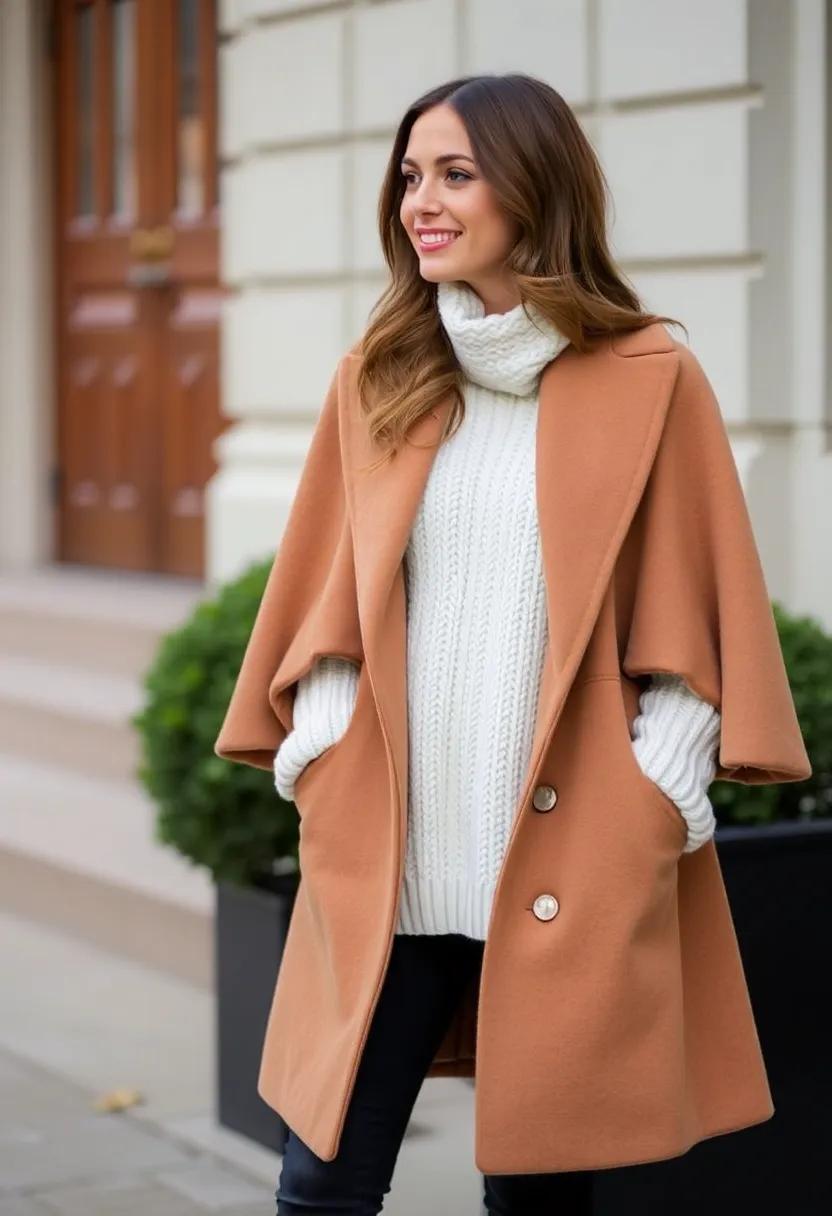 Pair a⁤ camel cape coat⁢ with a chunky cream‍ sweater for refined warmth