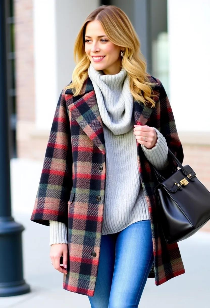 Pair a plaid cape coat with a cowl-neck long sweater ⁢and denim