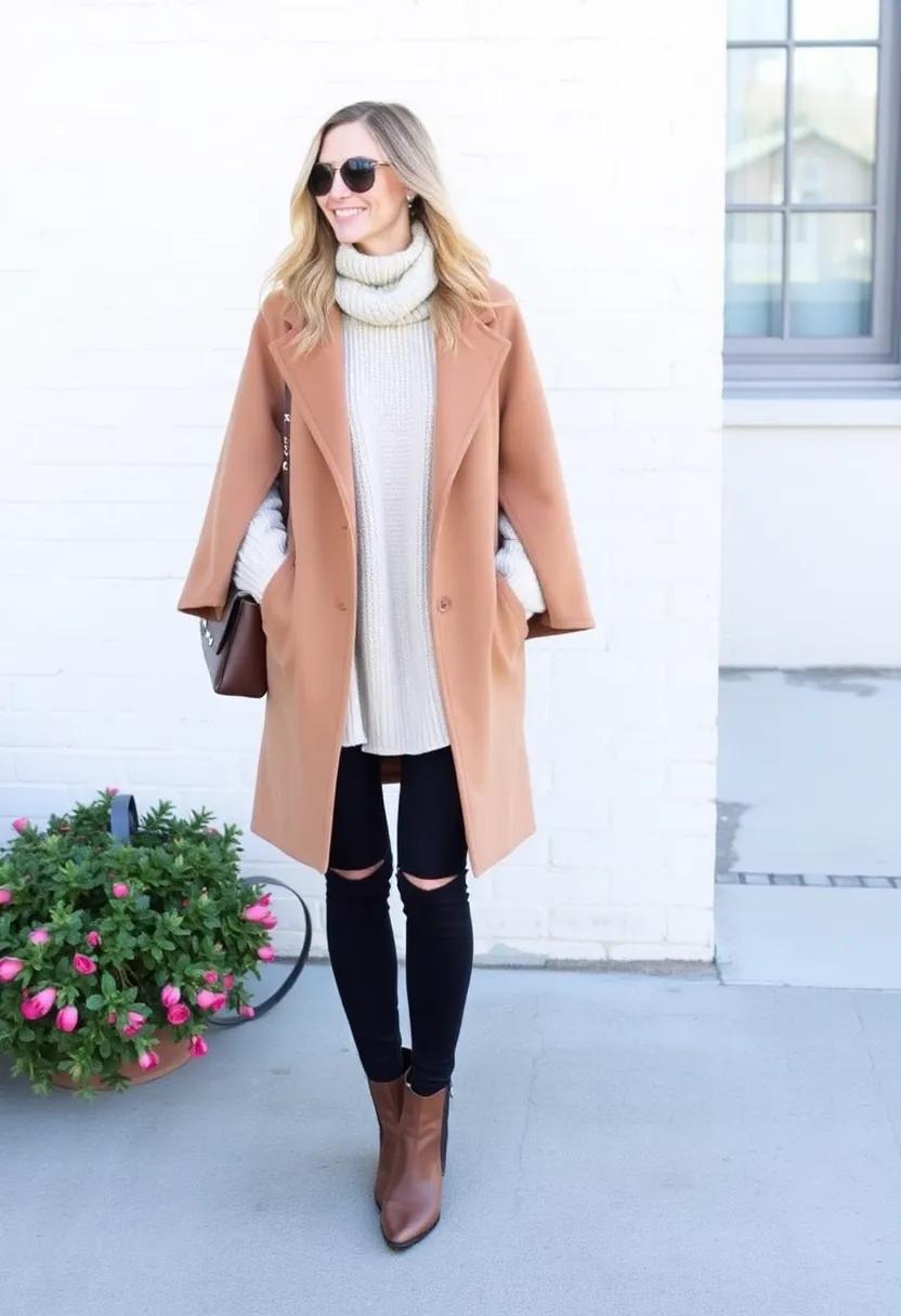 Style a camel cape coat with a long,​ slouchy sweater and ankle boots