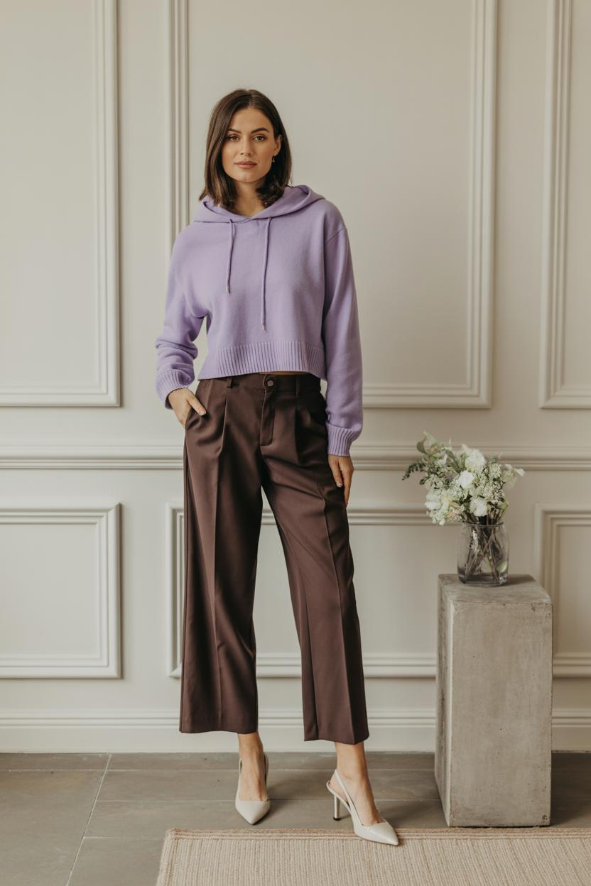 Style a cropped cashmere hoodie with tailored trousers and slingback heels