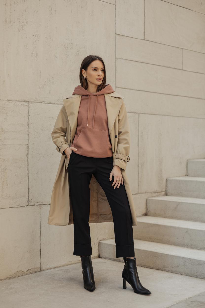 Combine an oversized cashmere hoodie, leather pants, and kitten heels
