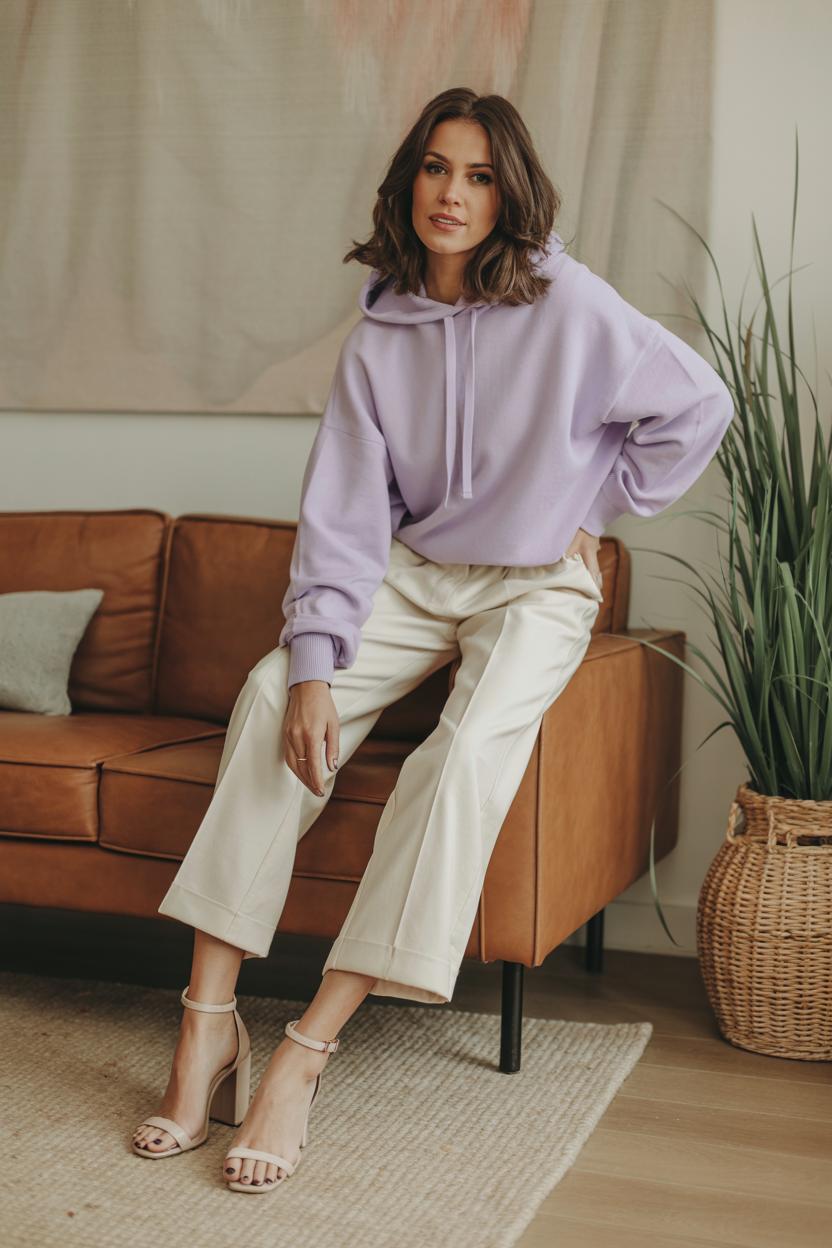 Style a⁤ pastel cashmere hoodie with paperbag pants and ankle-strap heels