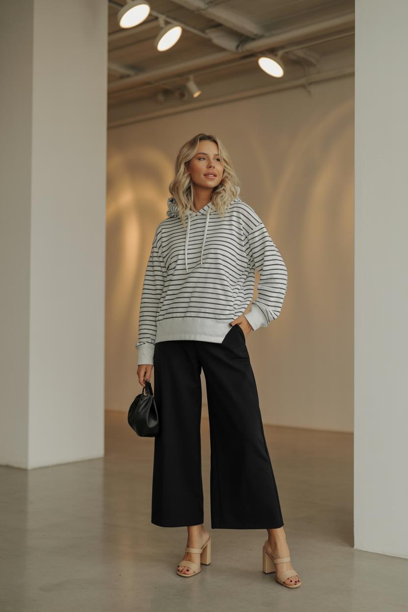 Combine a striped cashmere ⁢hoodie with culottes and block-heeled sandals