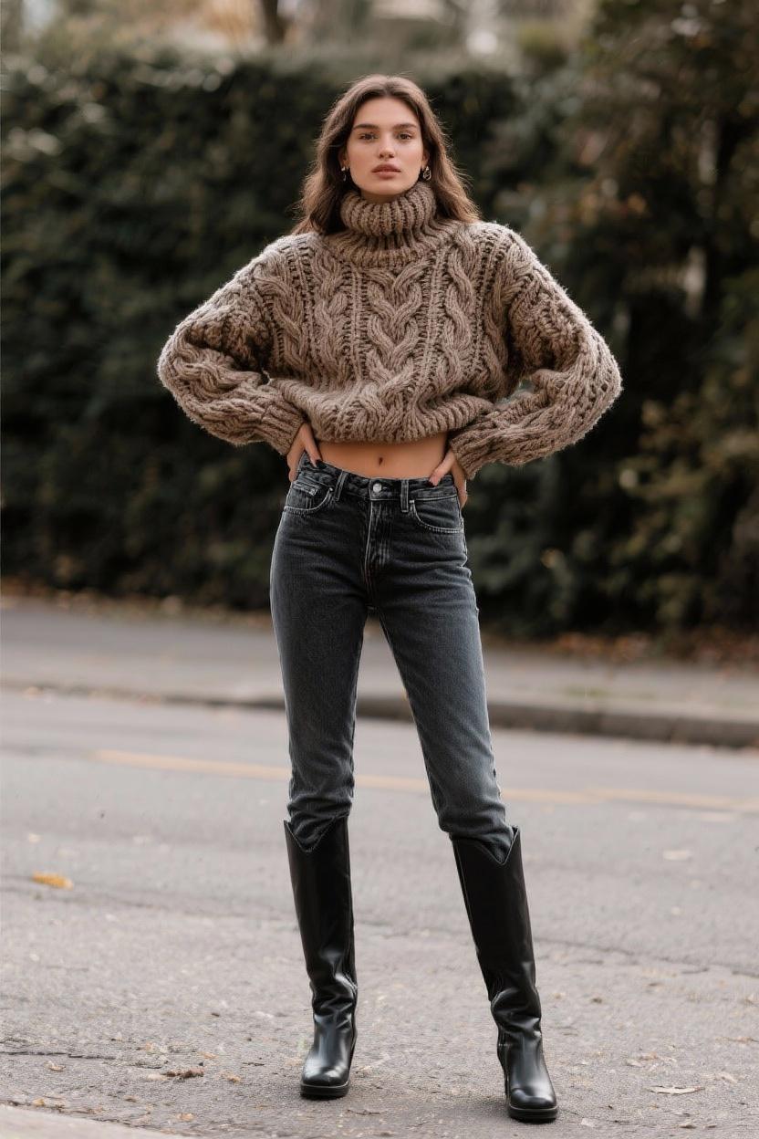 Tuck a chunky⁤ cable-knit​ sweater into high-waisted skinny jeans
