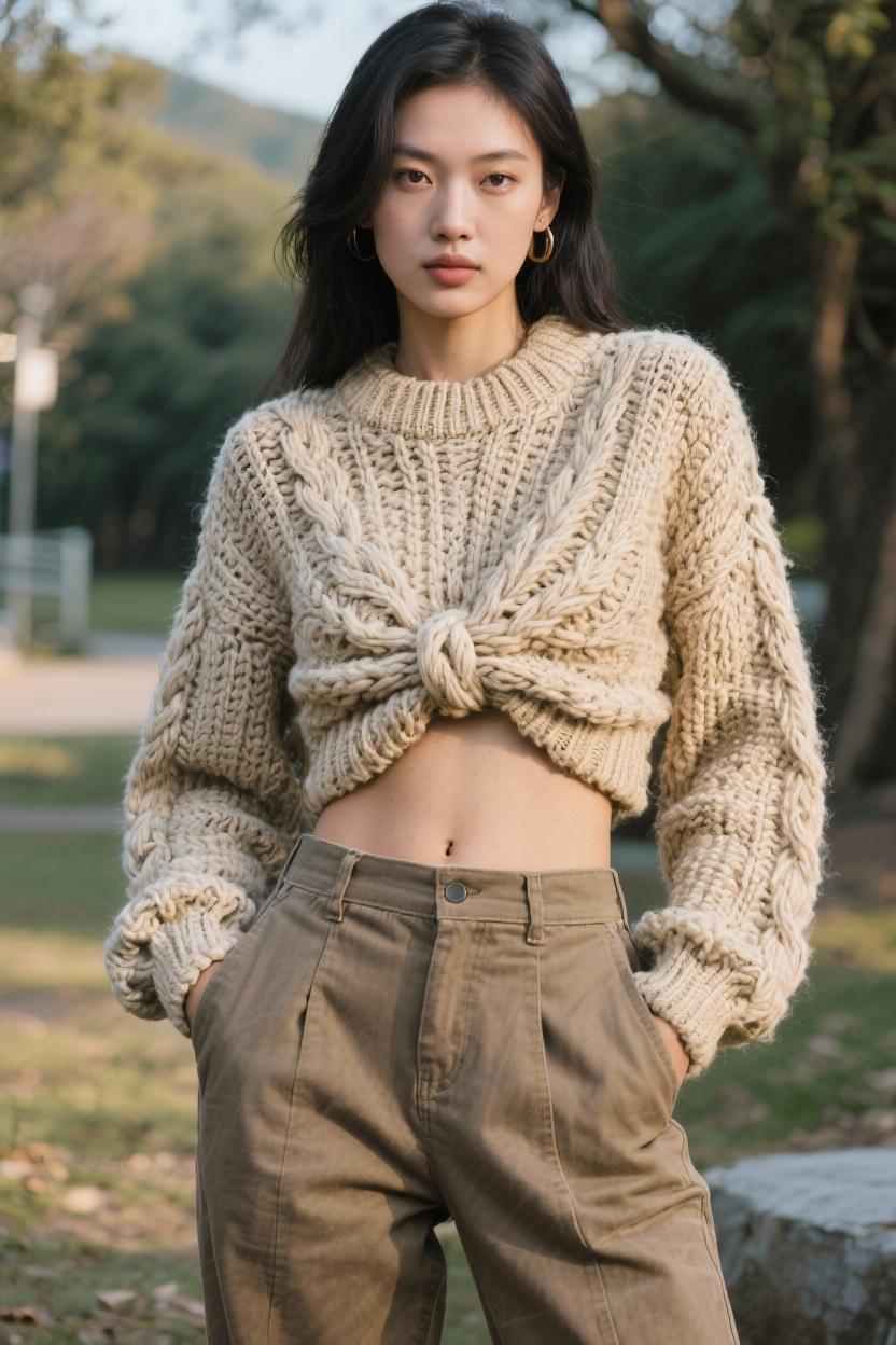 Knot‌ the front⁤ of your​ chunky sweater ⁢for‍ a cropped​ look⁢ with pants