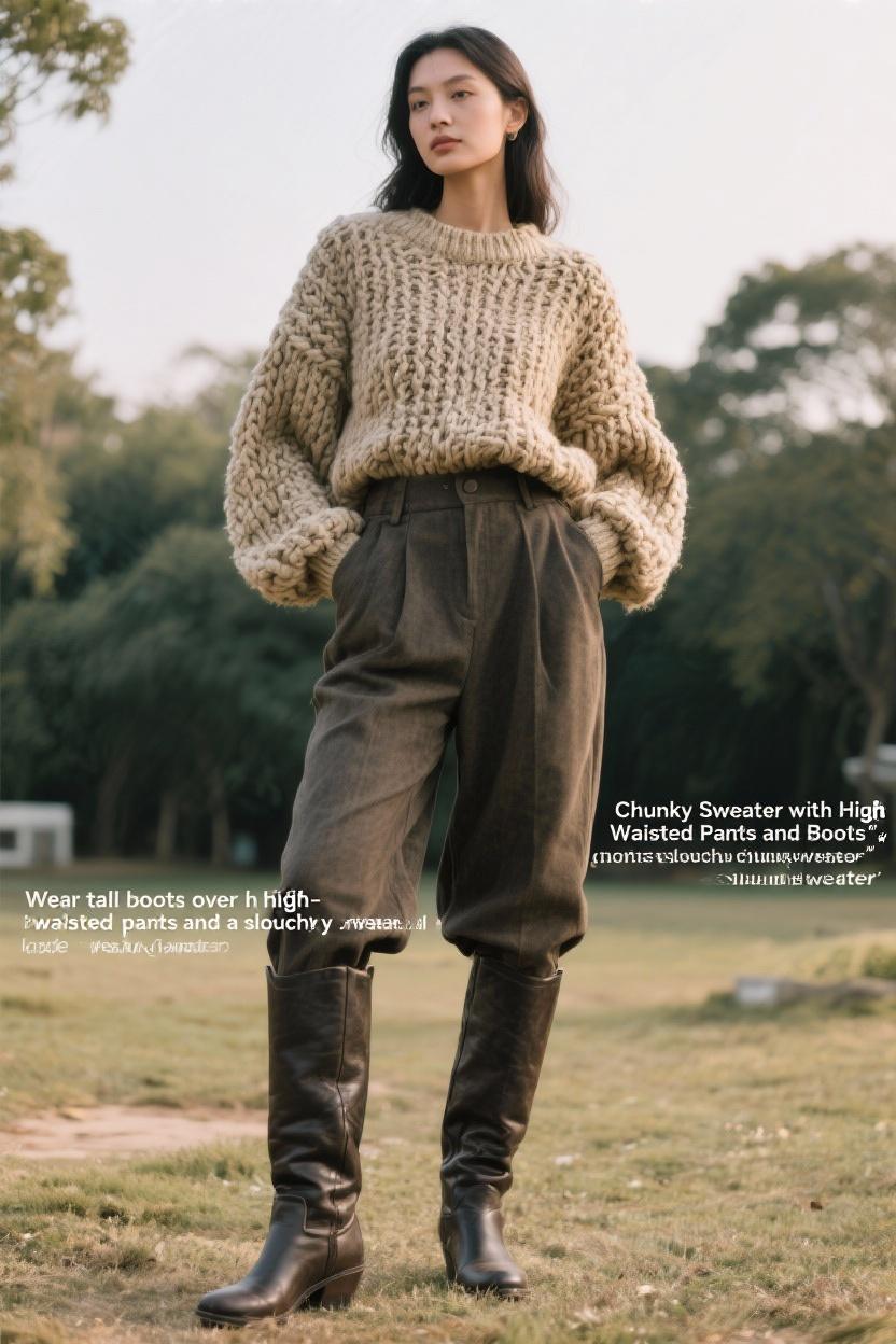 Wear tall ⁣boots over high-waisted pants​ and⁢ a slouchy chunky sweater
