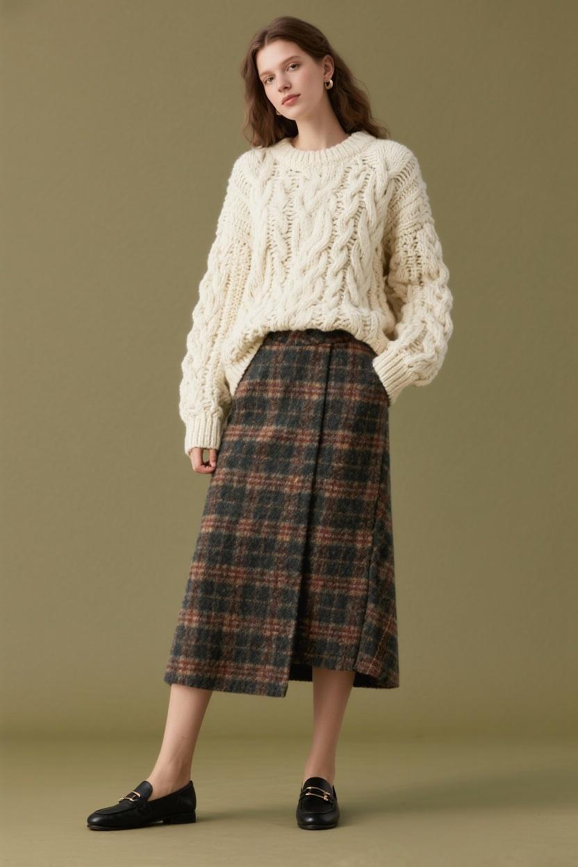 Cream chunky sweater paired with‍ a plaid wool​ skirt and black loafers