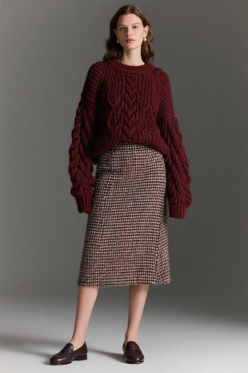 Deep burgundy sweater tucked into a houndstooth wool skirt and loafers