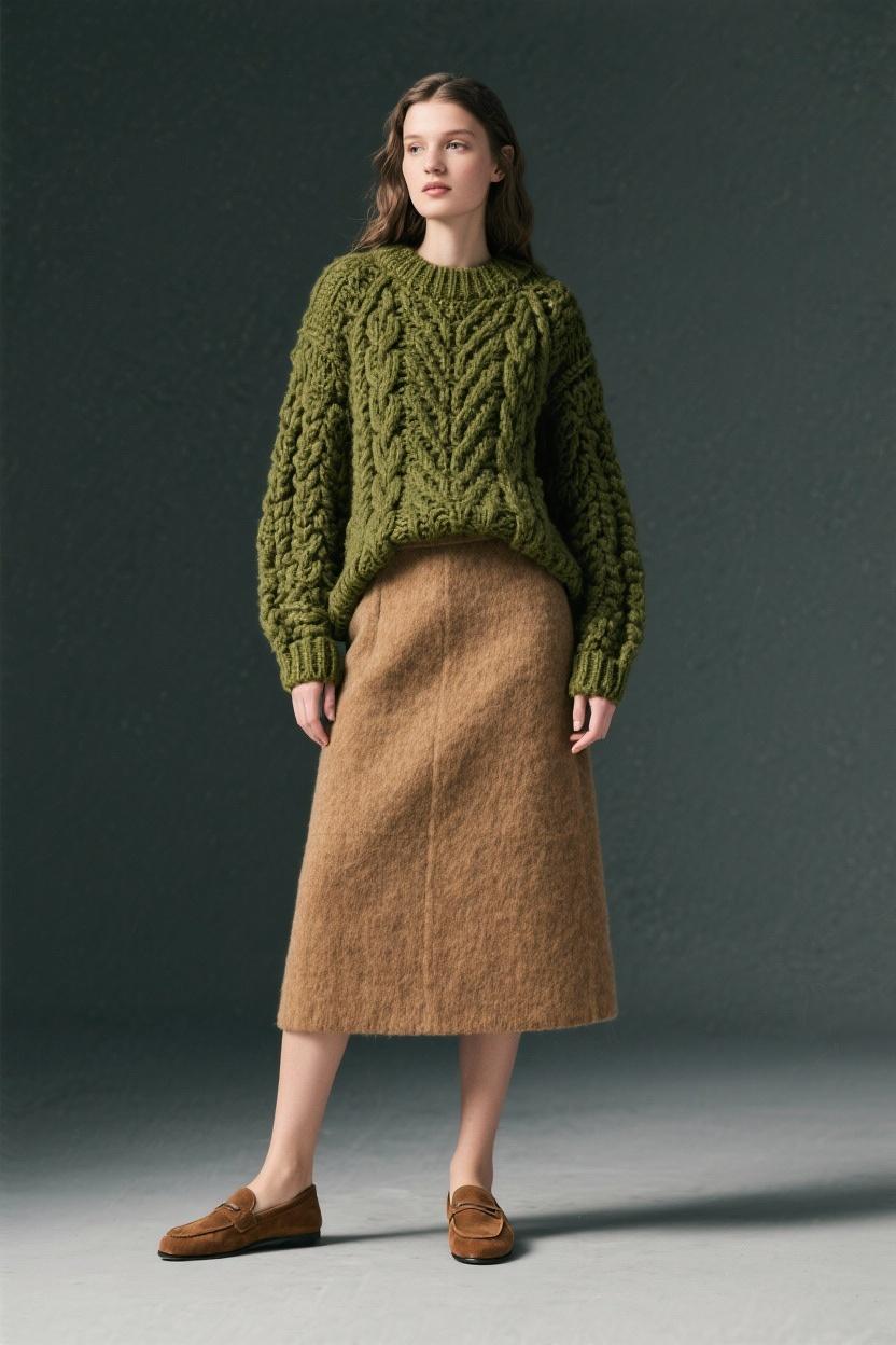 Earthy green sweater matched with a ‍camel wool skirt and‍ suede loafers