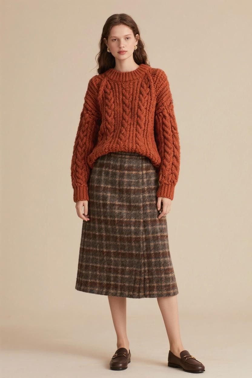 Neutral beige jumper combined‌ with a navy wool ⁣skirt and‌ classic ‌loafers
