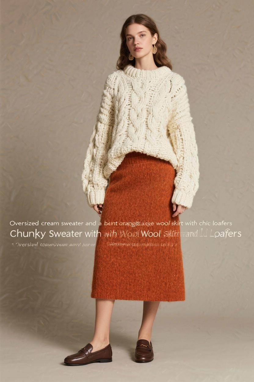 Oversized cream sweater and a burnt orange wool skirt with chic loafers