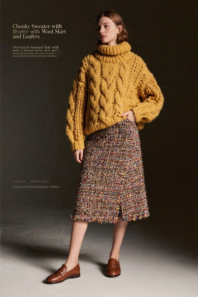 Oversized ‌mustard knit with a tweed wool skirt ⁤and brown leather loafers