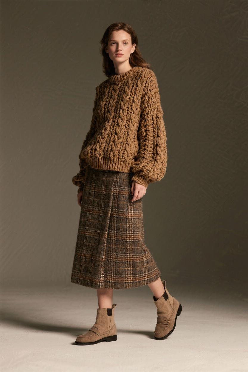 Earth-toned chunky sweater layered with a ⁤plaid wool skirt and loafer boots