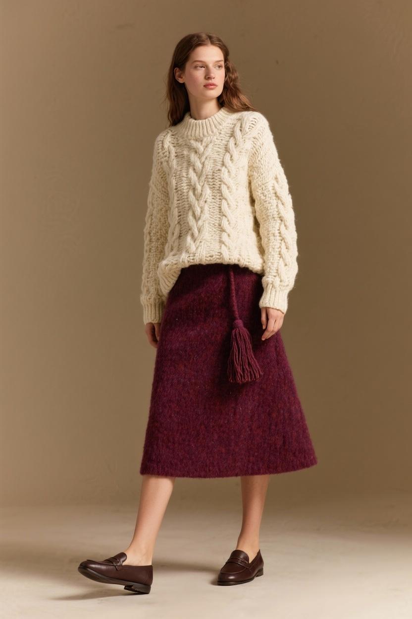 Textured cream ‍sweater paired‍ with a berry wool skirt and tassel loafers