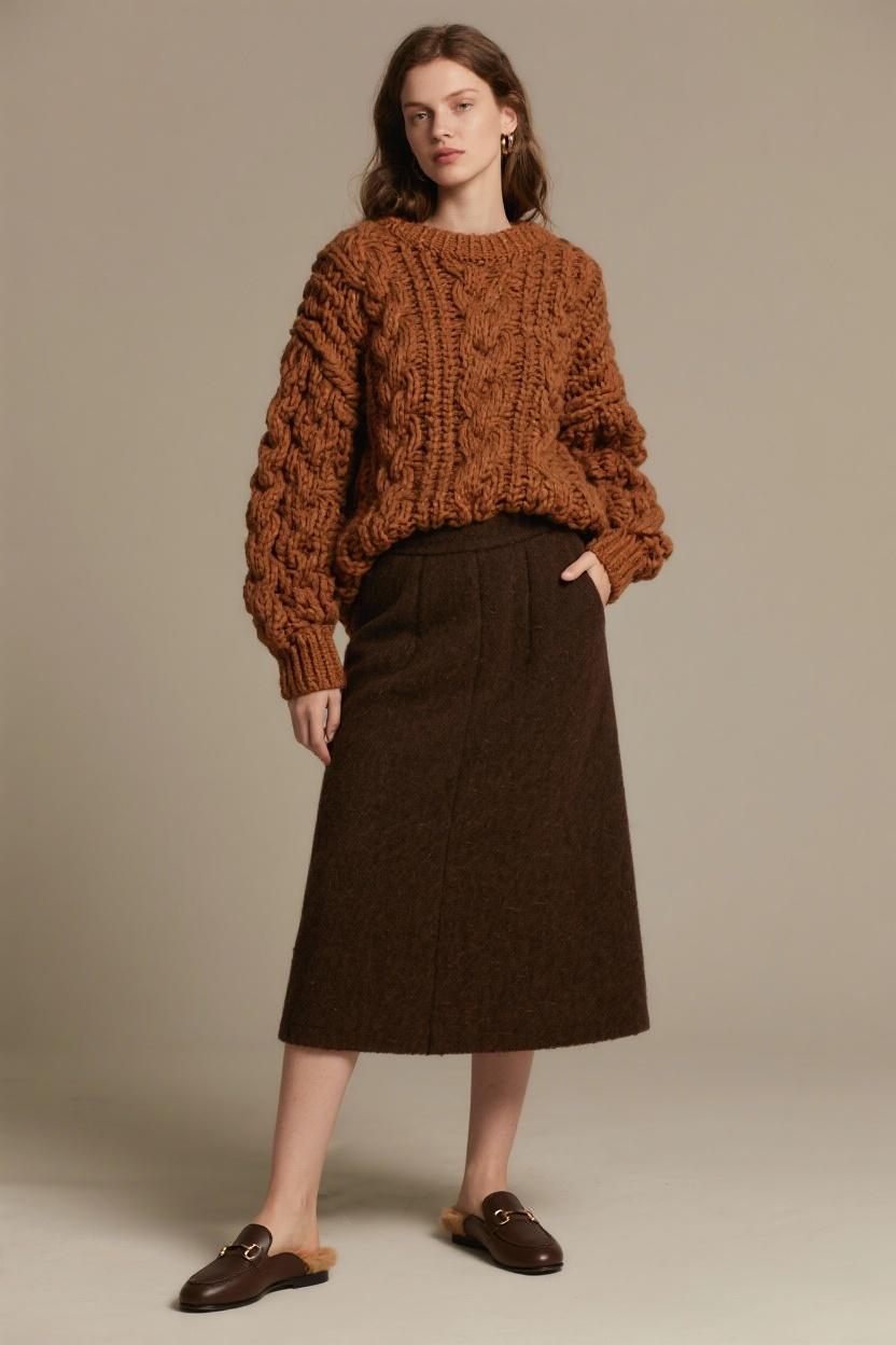 Warm caramel chunky knit with a dark⁢ brown wool skirt and loafer‌ mules