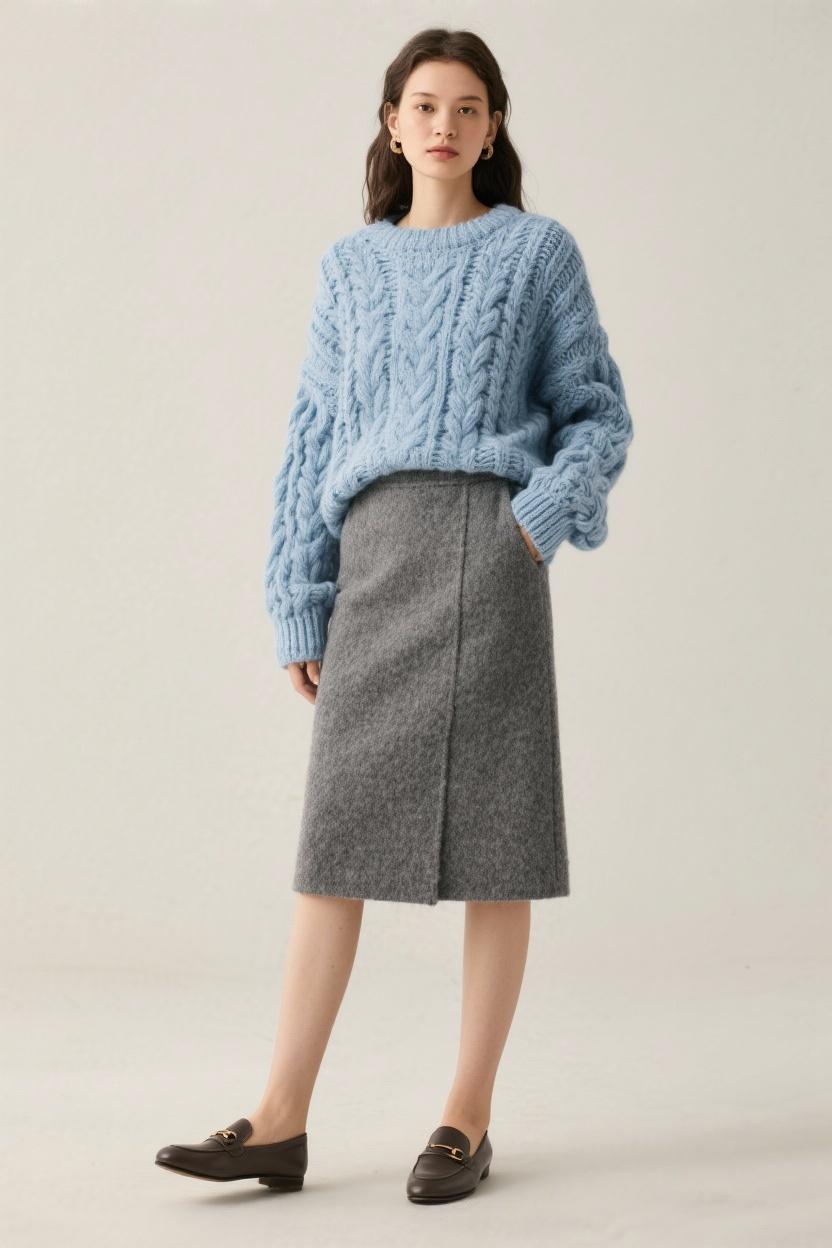 Soft blue sweater layered over a grey⁣ wool skirt and sleek loafers