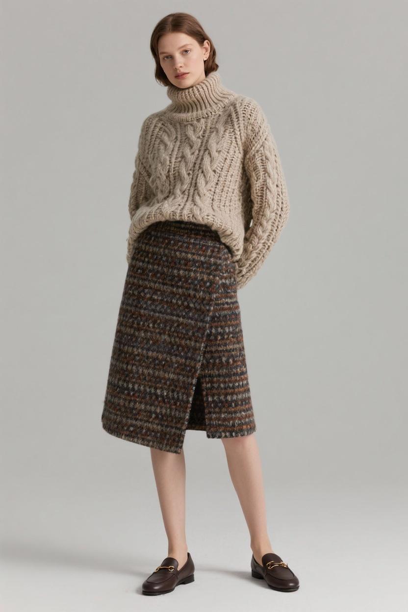 Chunky knit mustard sweater ⁤with a corduroy wool skirt and loafers