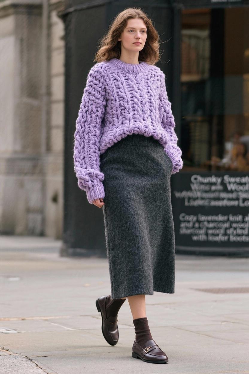 Cozy lavender knit and a charcoal wool skirt styled with loafer boots