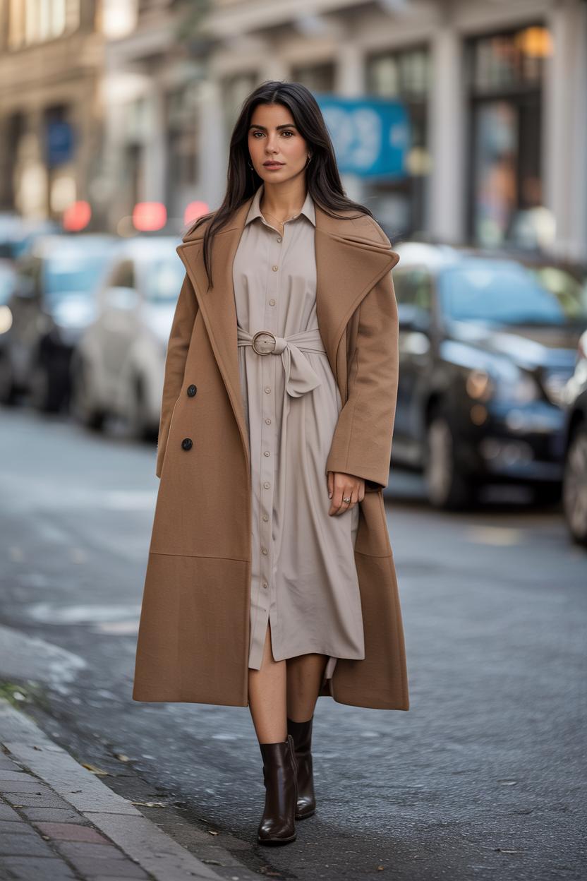 Combine a button-down dress with a belted wool coat and ankle boots